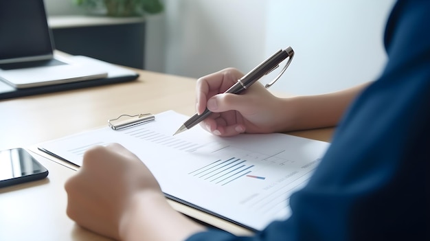 A person sitting at a desk with a pen writing on a piece of paper.