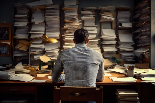 A person sitting at a desk with stacks of papers