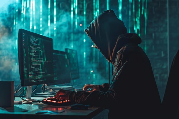 Photo person sitting at desk working on computer