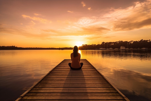 Foto una persona seduta su un molo che guarda un tramonto salute mentale