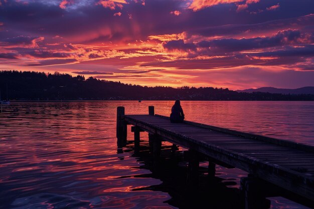 Photo a person sitting on a dock watching the sunset