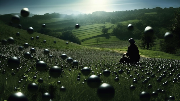 A person sitting in a field of black balls Generative AI Art