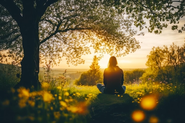 Person sitting in field with tree in the background at sunset Generative AI