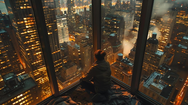 Photo a person sitting on the floor in a corner of a highrise building looking out at thethe city is full of tall buildings lights and traffic