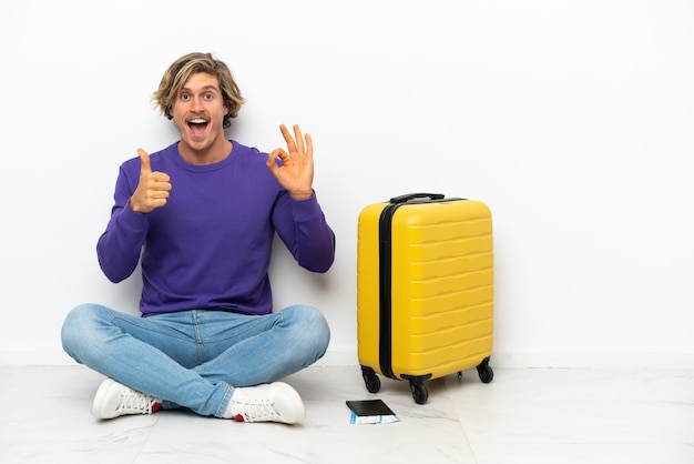 Person sitting on the floor over isolated background