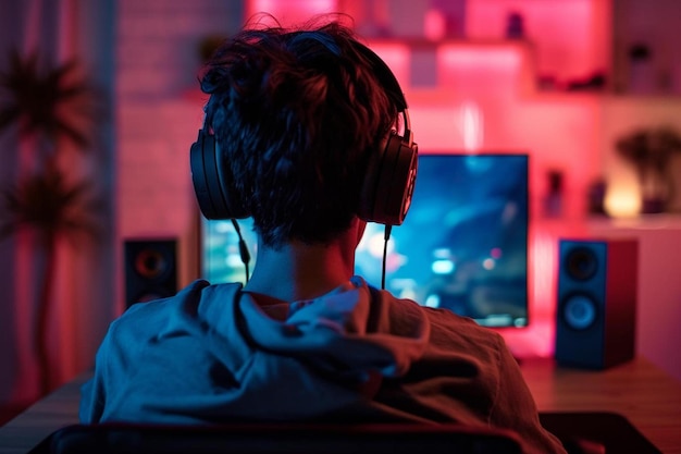 a person sitting in front of a computer with headphones on