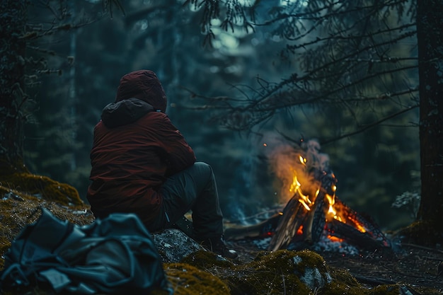 A person sitting in front of a fire in the woods