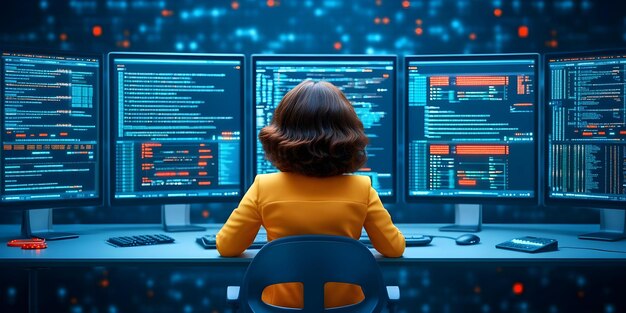 a person sitting in front of multiple computer monitors displaying lines of code and data likely engaged in programming or cybersecurity work concept programming environment
