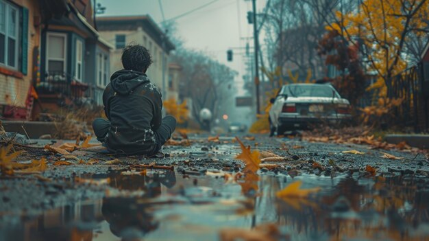 Foto person sitting in front of puddle generative ai