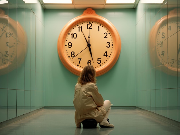 Photo a person sitting in front of wall clock