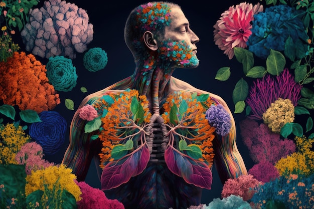 Person sitting in garden of colorful flowers with closeup of their lungs created with generative ai