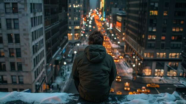 a person sitting on a ledge looking at a city street generative ai