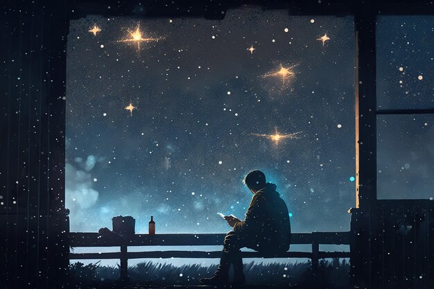 A person sitting and looking out at midnight plains sky