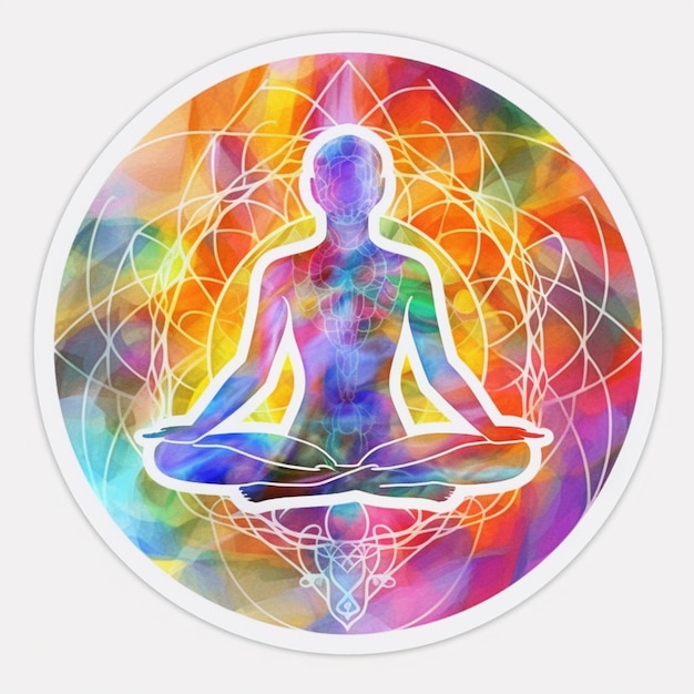 a person sitting in a lotus pose with a colorful background generative ai