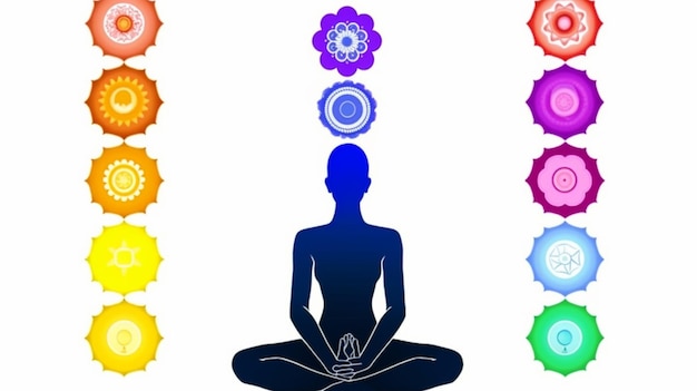 Photo a person sitting in a lotus pose with the sun and chakras on the left.