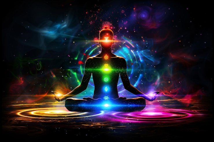 Photo a person sitting in a lotus position with rainbow colors around their head