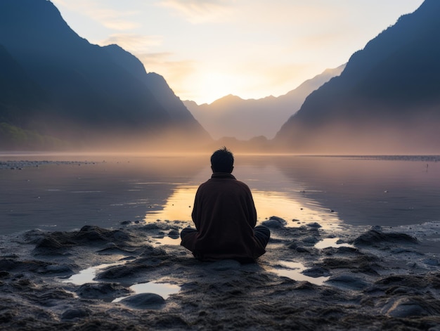 a person sitting in the middle of a lake at sunrise