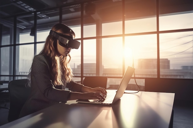 A person sitting at office and using VR glasses