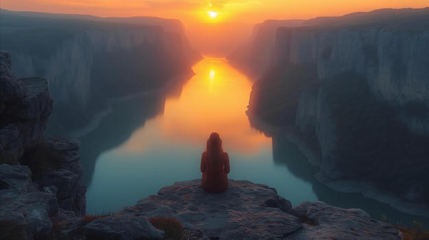 Фото Человек, сидящий на скале с видом на водоем