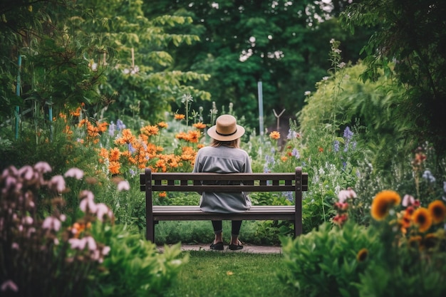 A person sitting on a park bench surrounded by vibrant flowers and greenery mental health