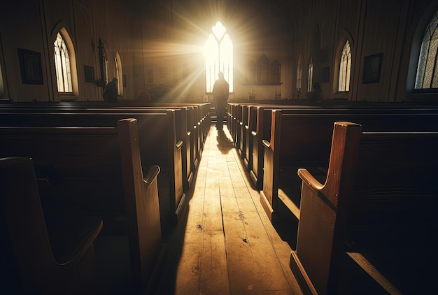 person sitting in pews sun is setting