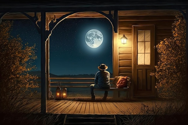 Person sitting on porch enjoying the peacefulness of harvest moon night created with generative ai