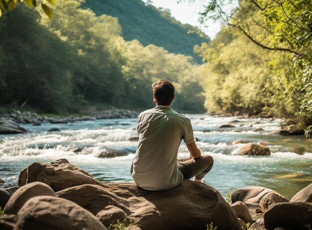 A person sitting on a rock by a river enjoying the sound of the water mental health images