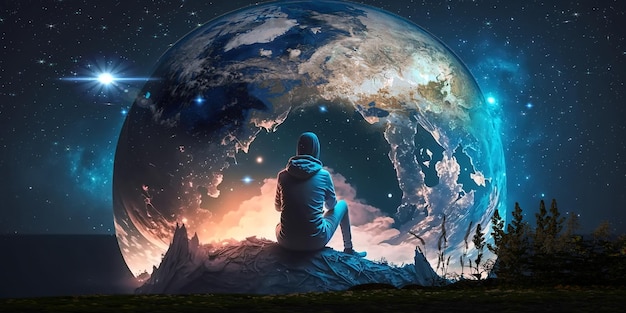 A person sitting on a rock looking at the earth