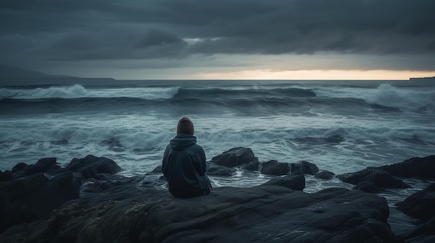 A person sitting on a rock looking out to sea