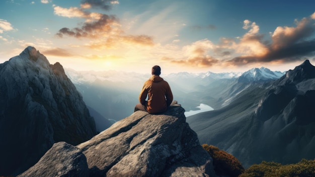 Person sitting on a rock observing a vast mountain range contemplating life's vastness