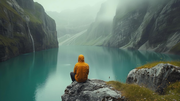 Человек, сидящий на скале с видом на озеро