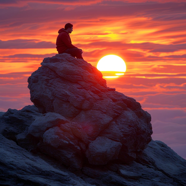 Человек, сидящий на скале и смотрящий на солнце.