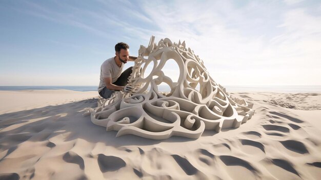 Photo a person sitting on a sand sculpture