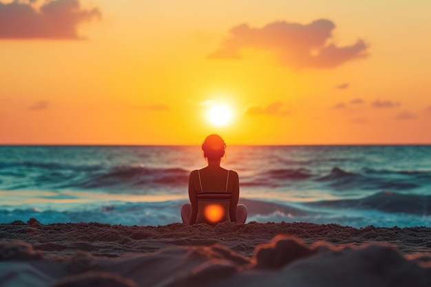 Человек, сидящий на песке, смотрящий, как солнце погружается под горизонт, и наслаждающийся успокаивающими цветами
