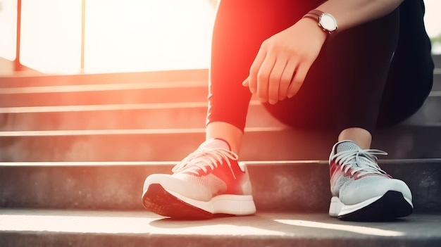A person sitting on a set of stairs wearing running shoes