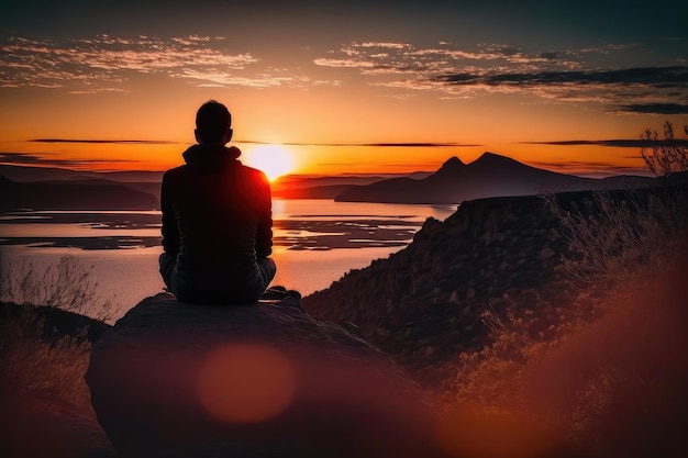 Foto persona seduta in meditazione silenziosa con vista del bellissimo tramonto