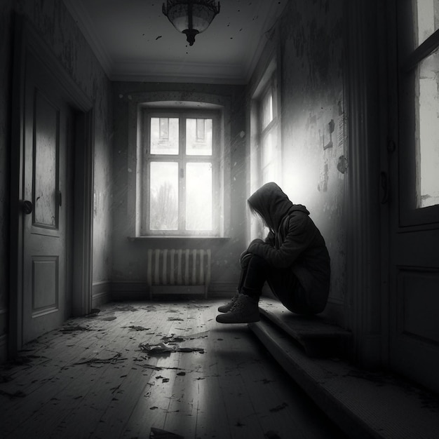 A person sitting on a step in a dark room with a window that says " i'm not alone ".