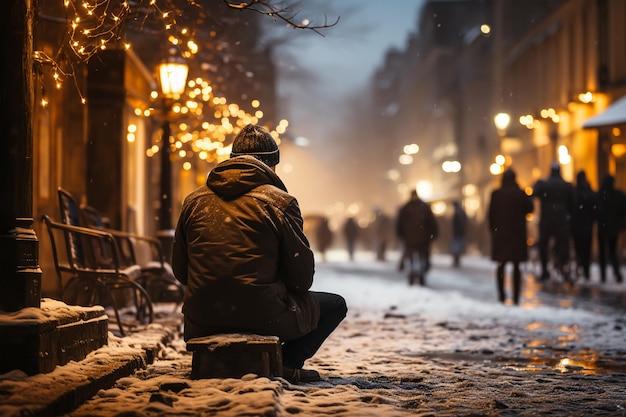 a person sitting in a street at night