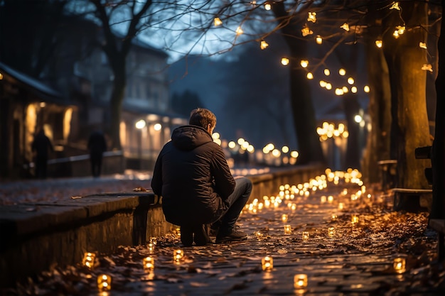 a person sitting in a street at night