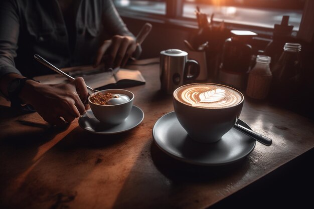 A person sitting at a table with a cup of coffee and a cup of coffee.