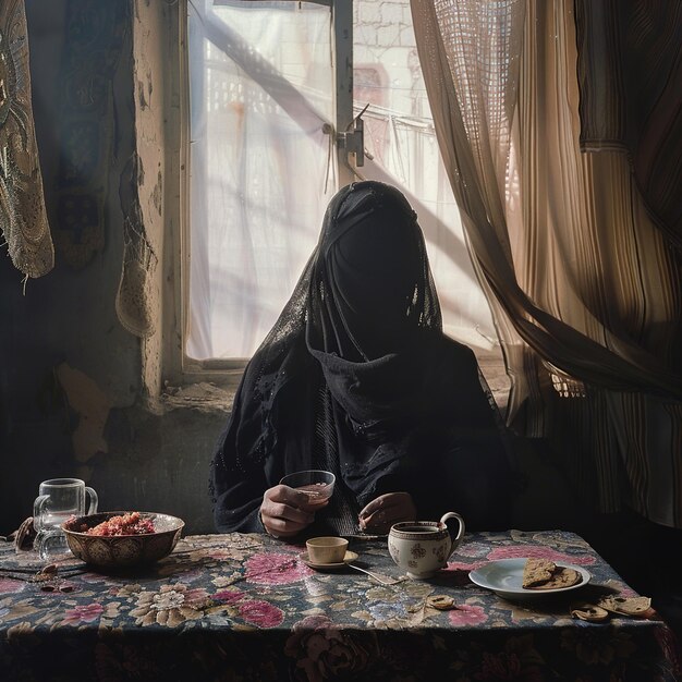 Photo a person sitting at a table with a tablecloth and a glass of water