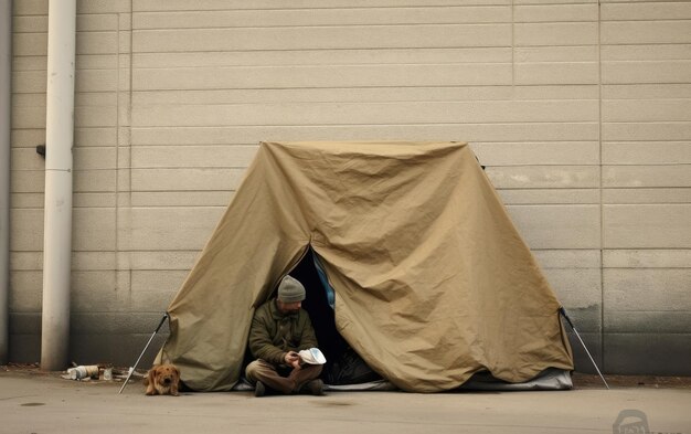 Photo person sitting in tent with dog