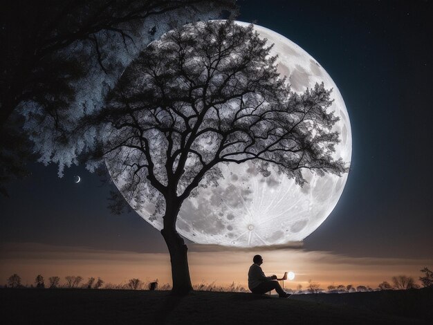 A person sitting under a tree under a full moon full moon background beautiful moon light