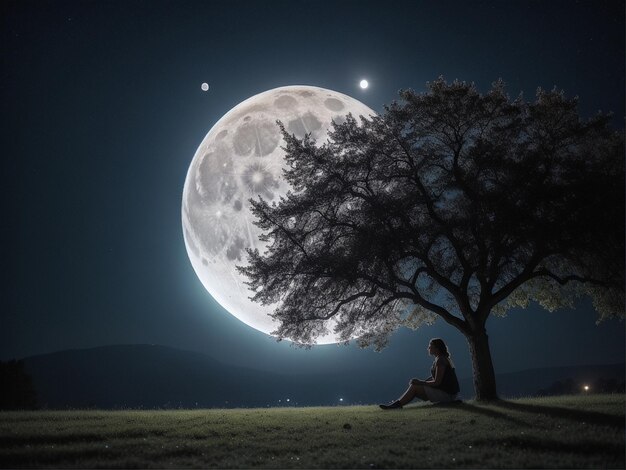 A person sitting under a tree under a full moon full moon background beautiful moon light