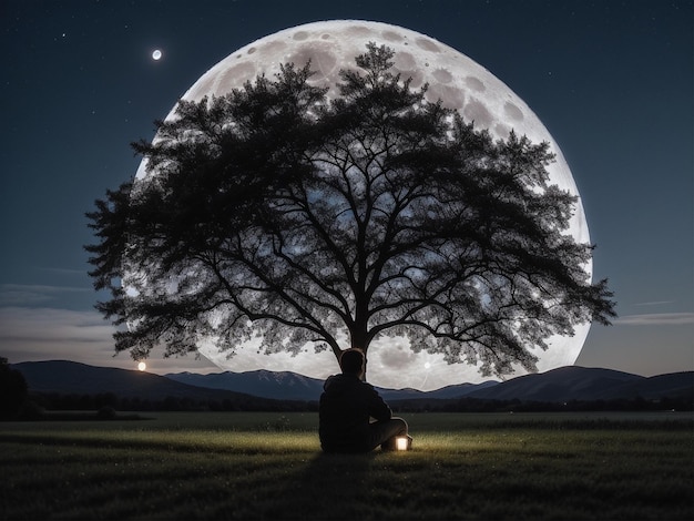 Foto una persona seduta sotto un albero sotto la luna piena sullo sfondo della luna piena bella luce lunare