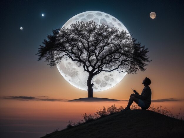 Foto una persona seduta sotto un albero sotto la luna piena sullo sfondo della luna piena bella luce lunare