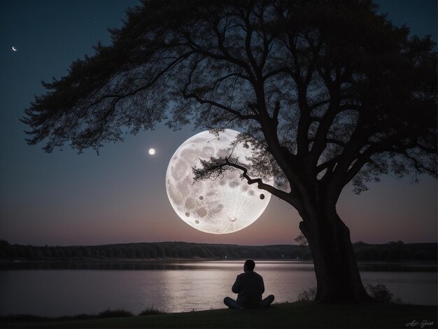 Photo a person sitting under a tree under a full moon full moon background beautiful moon light