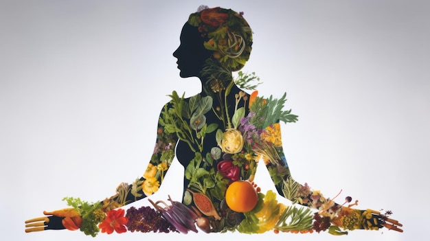 A person sitting in a yoga pose made of fruits and vegetables