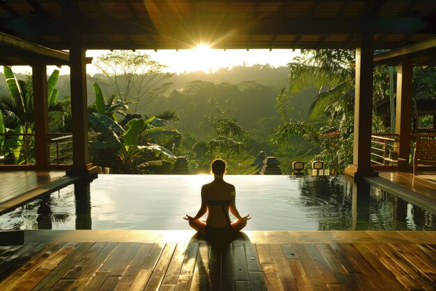 A person sitting in a yoga position in front of a pool