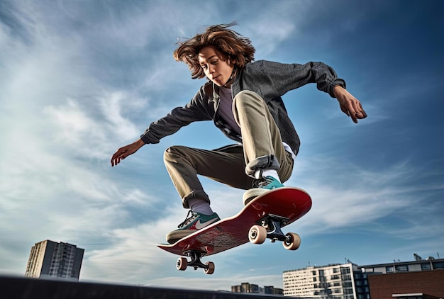 a person skateboarding in a city in the style of youthful images